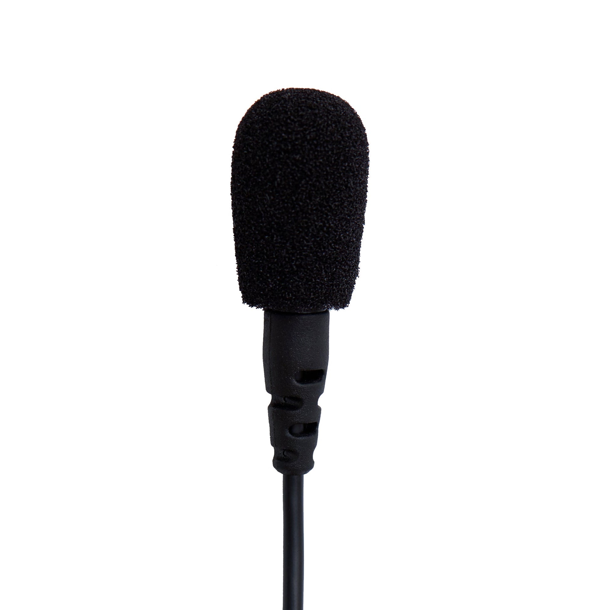 Acacia Audio Platinum Lavalier microphone – a compact, clip-on lapel mic with a sleek black design, wired connection, and foam windscreen, designed for clear audio recording in professional or mobile setups shown with windscreen