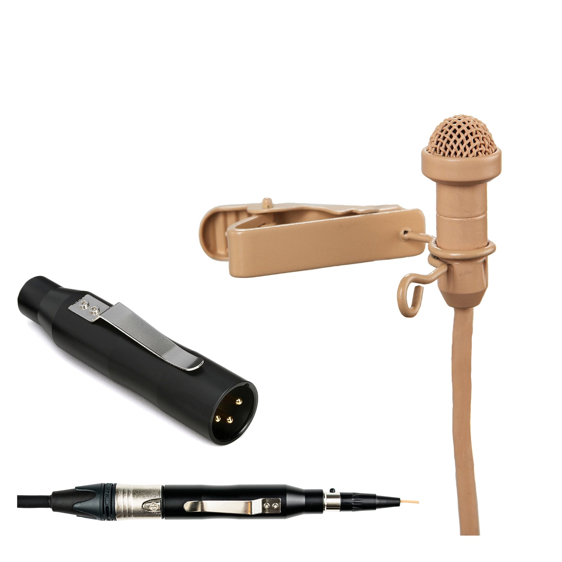 Acacia Audio Tan lavalier microphone with clip and windscreen, designed for discreet voice recording with Hard Wire Connector