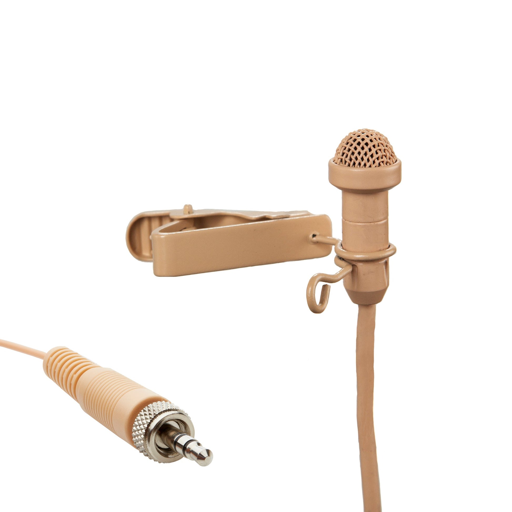 Acacia Audio tan lavalier microphone with clip and windscreen, designed for discreet voice recording with Sennheiser connector