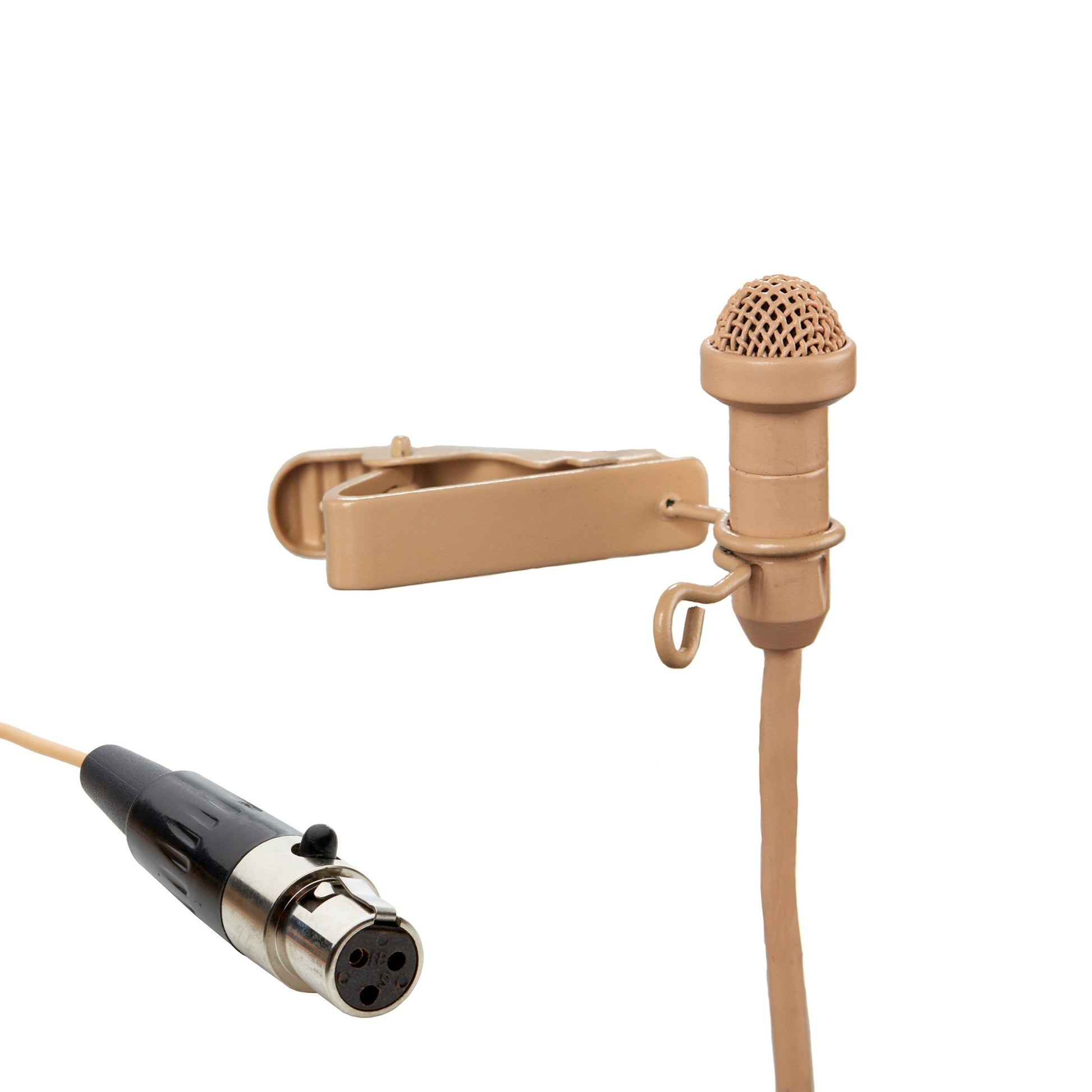Acacia Audio tan lavalier microphone with clip and windscreen, designed for discreet voice recording with T3 connector