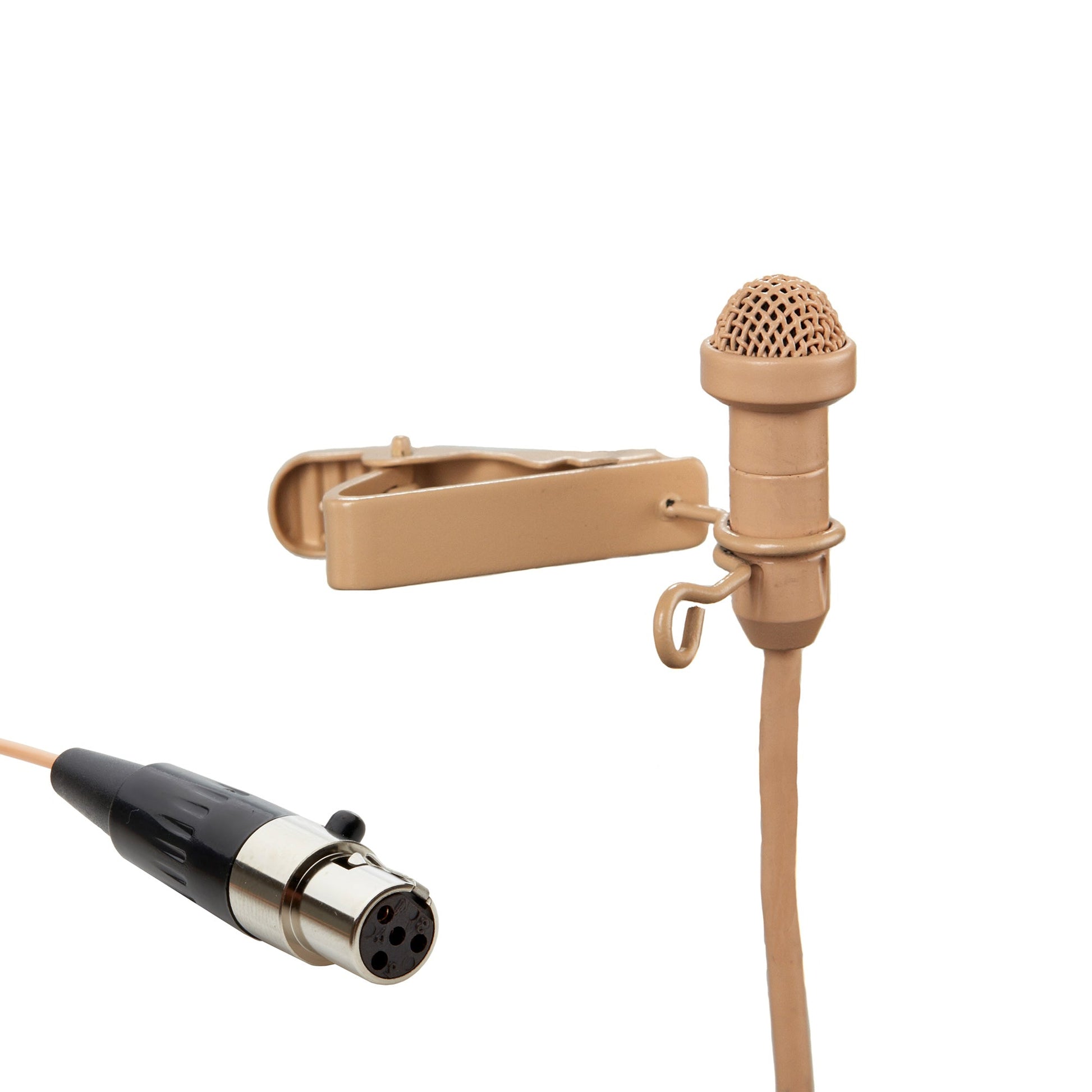 Acacia Audio tan lavalier microphone with clip and windscreen, designed for discreet voice recording with Shure connector