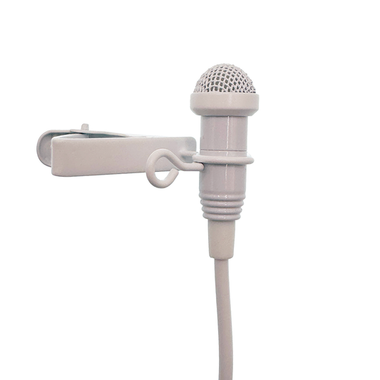 Acacia Audio white lavalier microphone with clip and windscreen, designed for discreet voice recording
