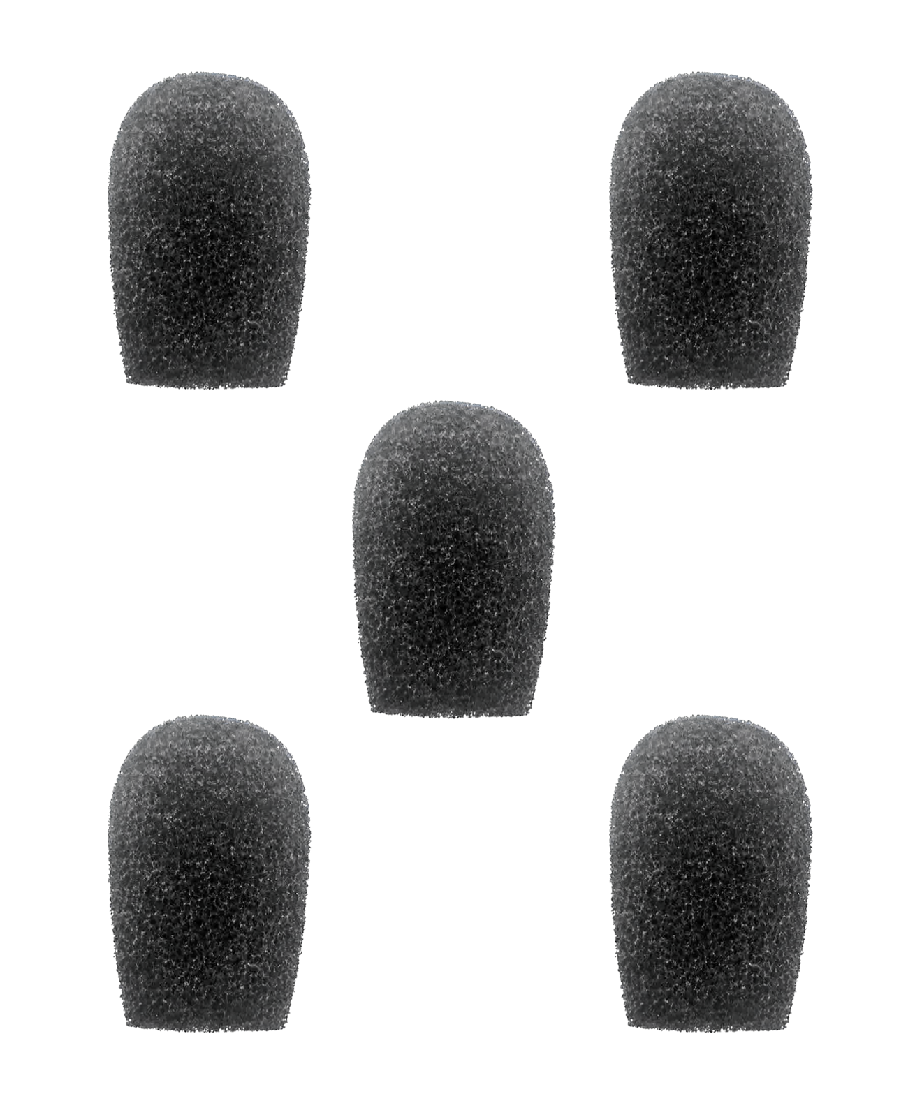 Five black replacement windscreen foam pieces for LIZ headsets.