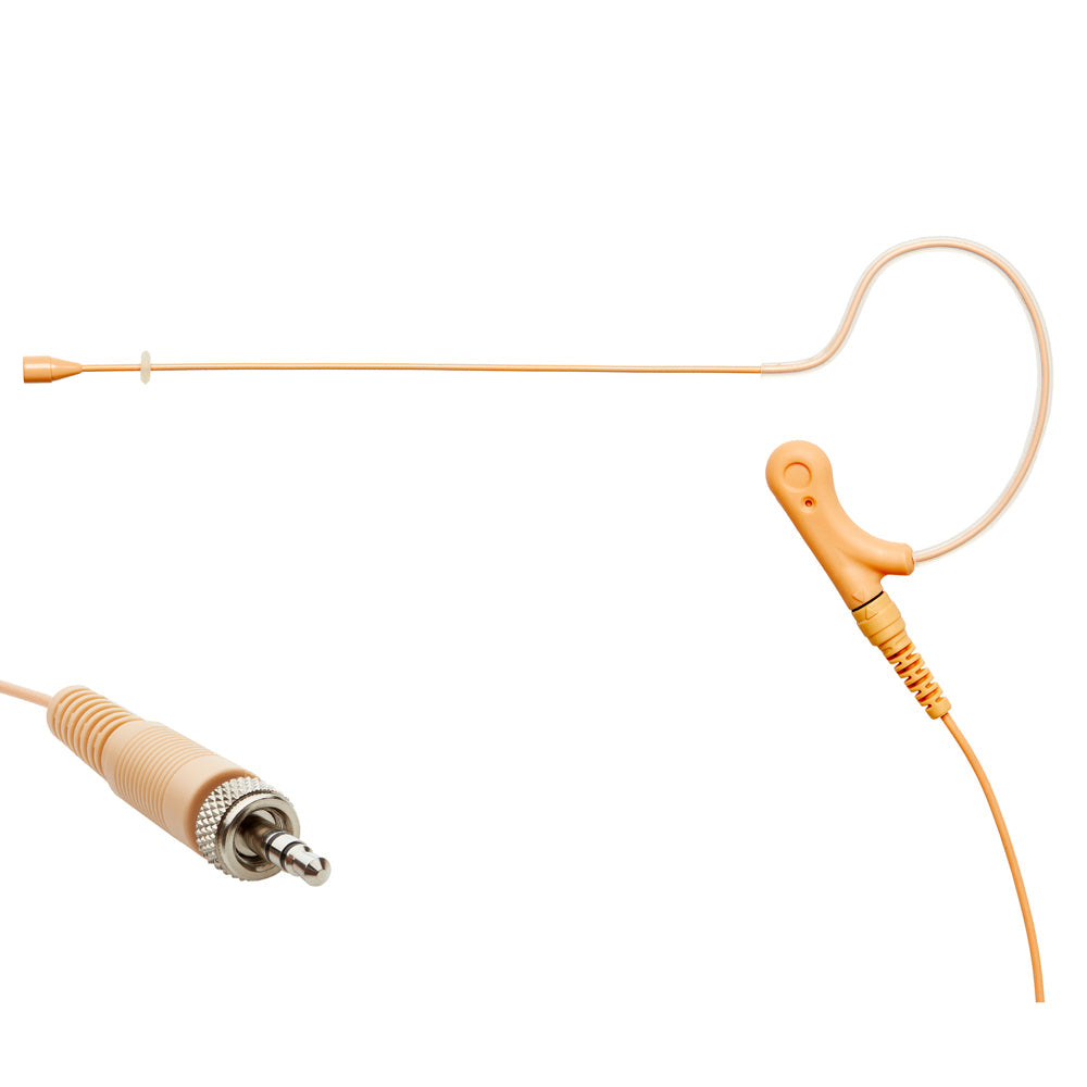 Single ear headset microphone suitable for professional audio use in churches, worship, school, theater, vocal recording, presentations, and concerts.