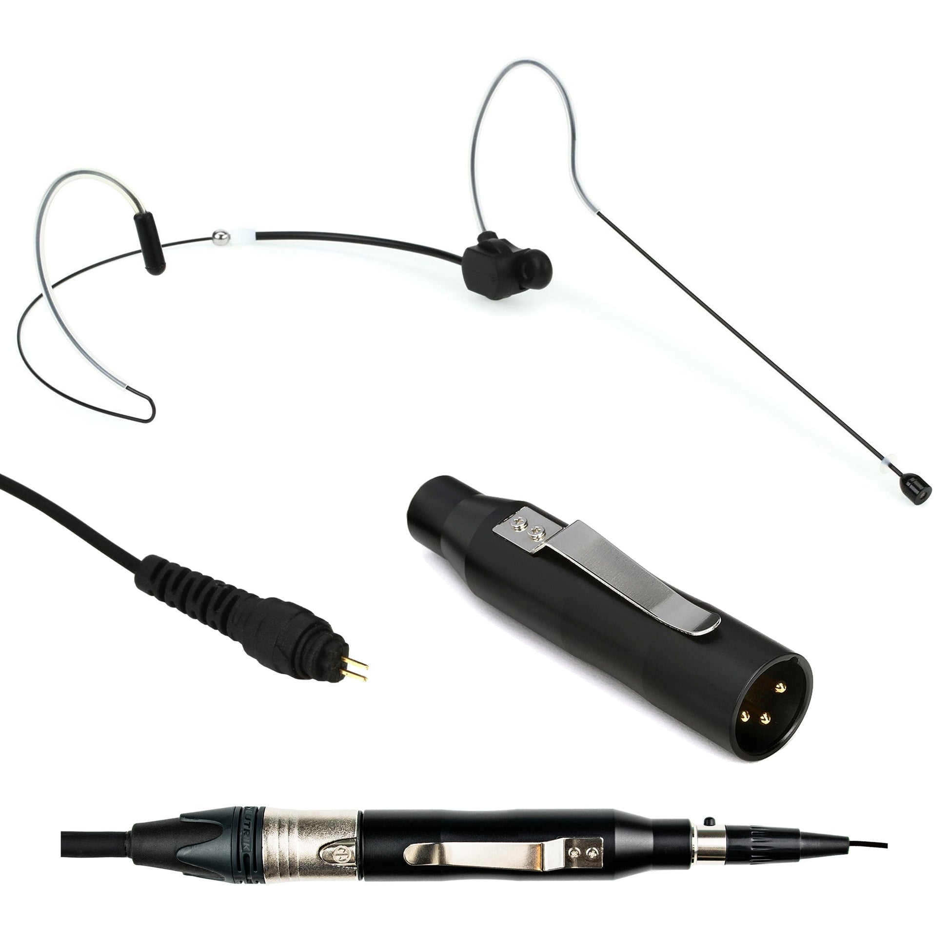 Black dual ear headset microphone suitable for professional audio use in churches, worship, school, theater, vocal recording, presentations, and concerts.