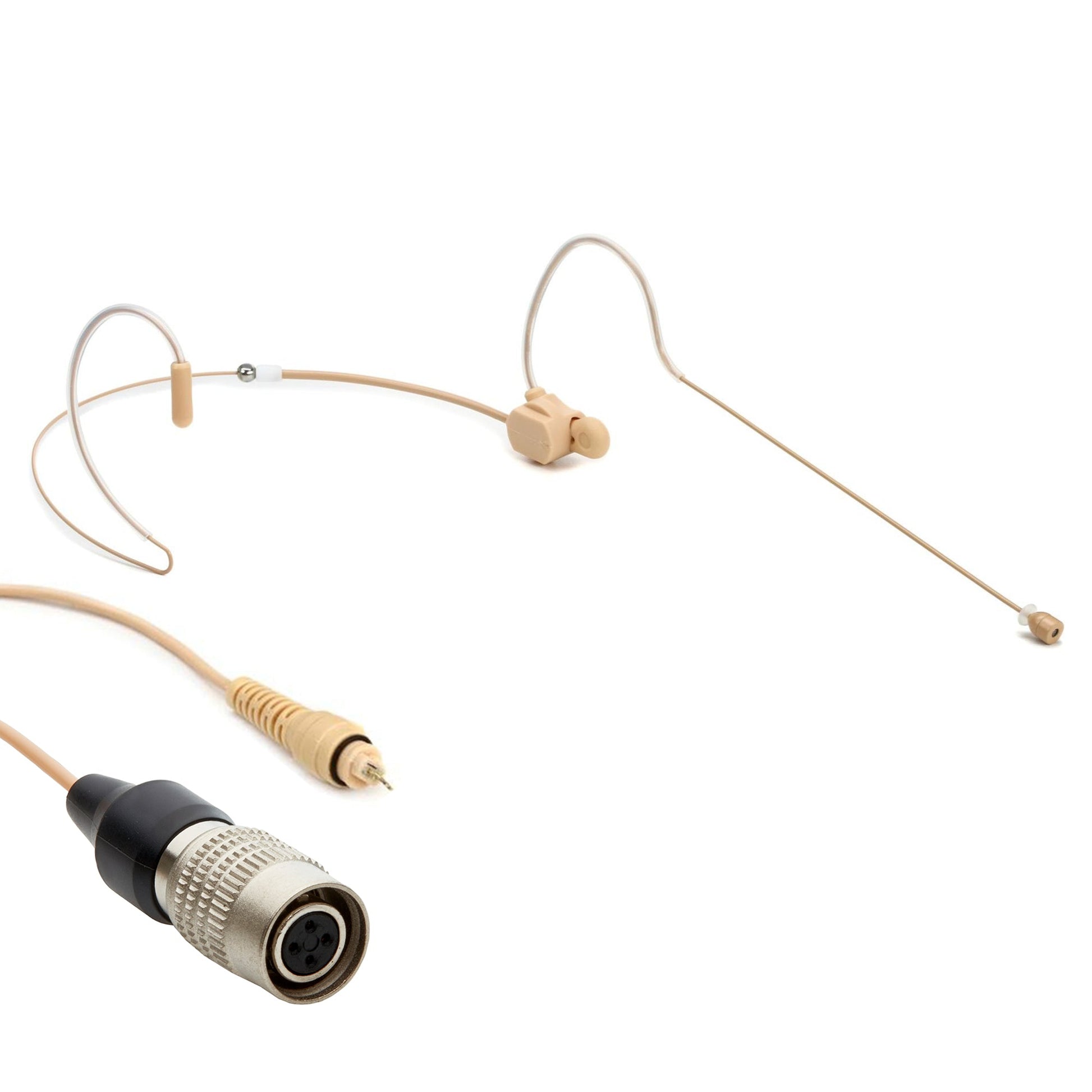 Tan dual ear headset microphone suitable for professional audio use in churches, worship, school, theater, vocal recording, presentations, and concerts.