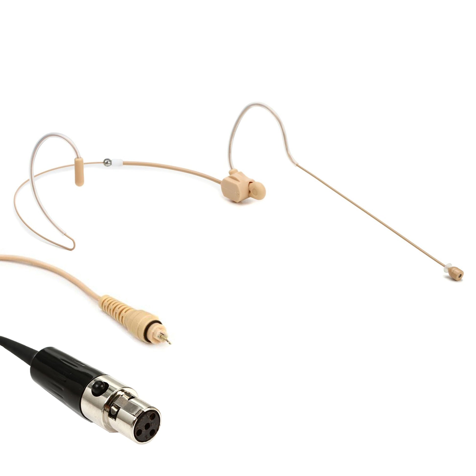 Tan dual ear headset microphone suitable for professional audio use in churches, worship, school, theater, vocal recording, presentations, and concerts.