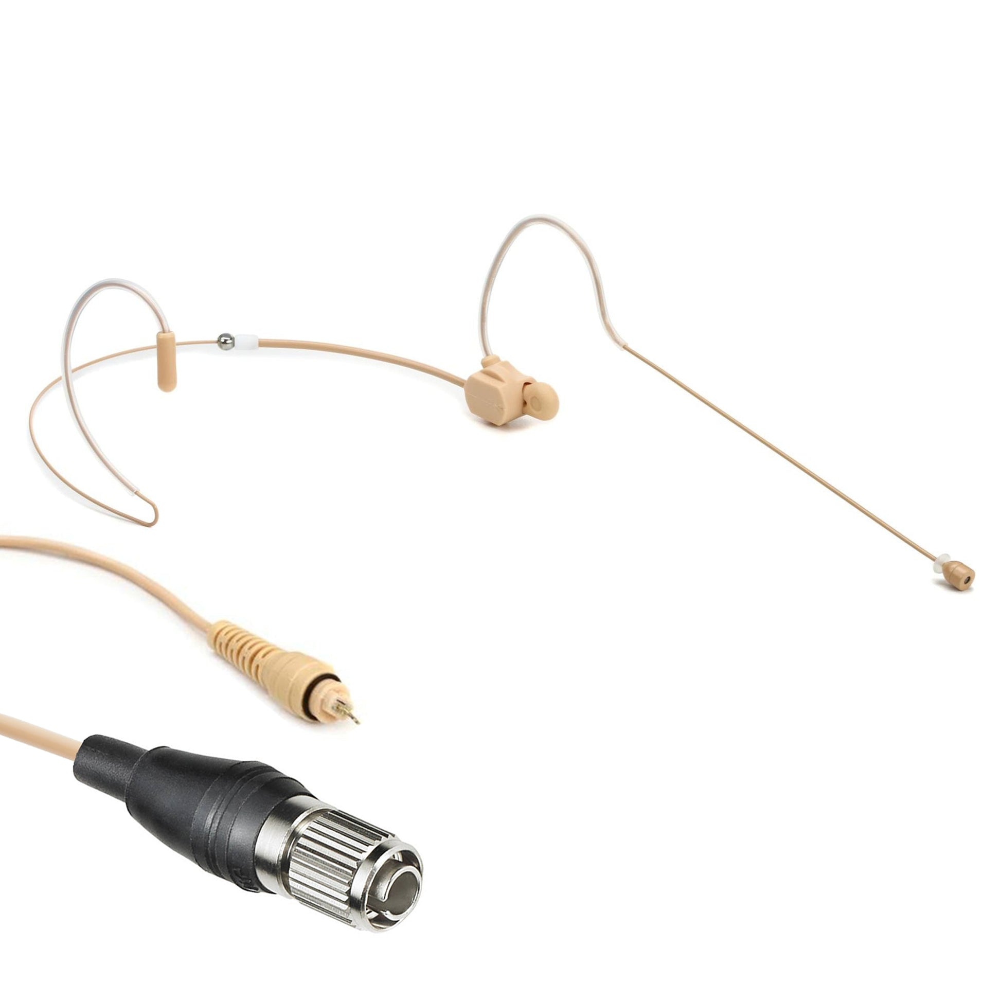 Tan dual ear headset microphone suitable for professional audio use in churches, worship, school, theater, vocal recording, presentations, and concerts.