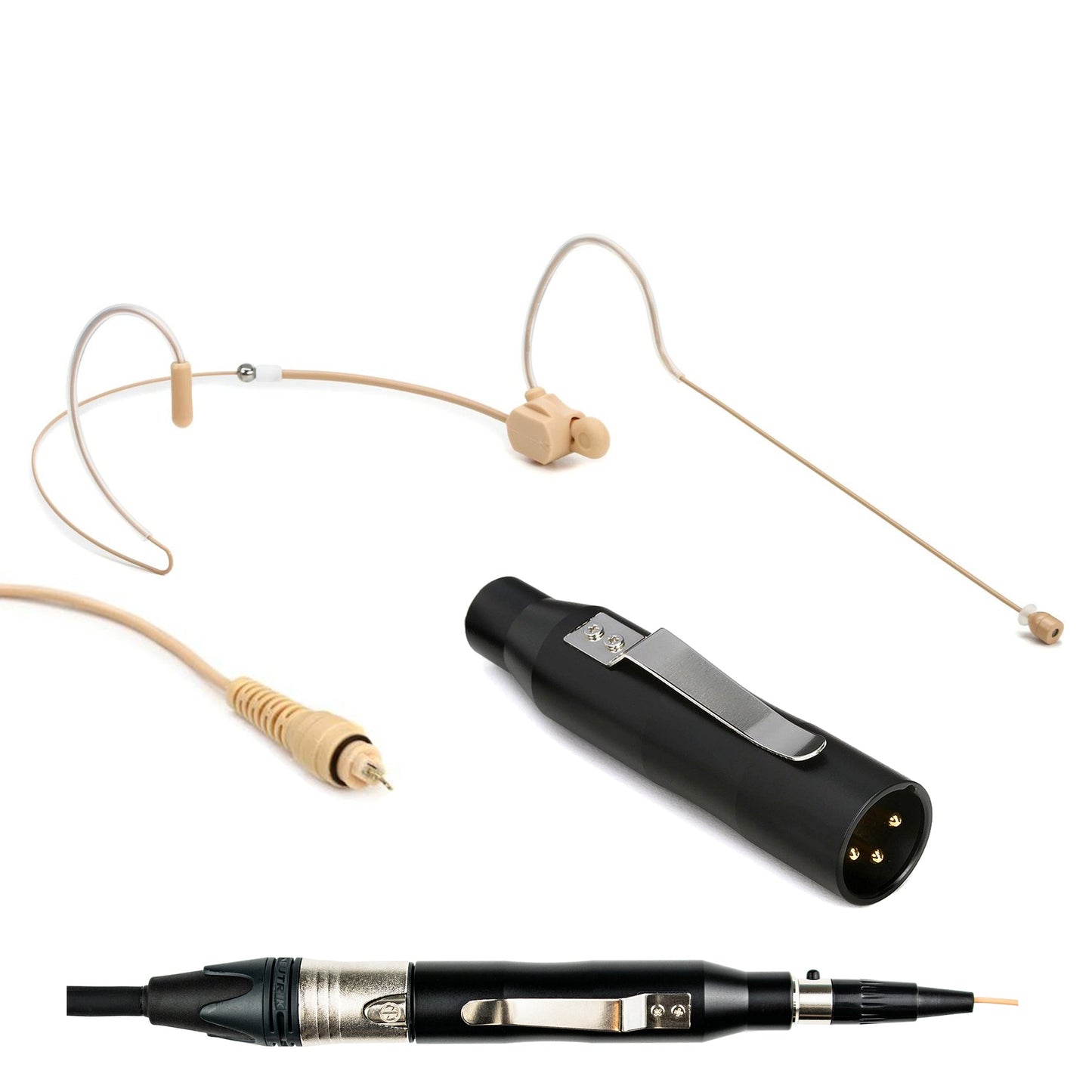 Tan dual ear headset microphone suitable for professional audio use in churches, worship, school, theater, vocal recording, presentations, and concerts.