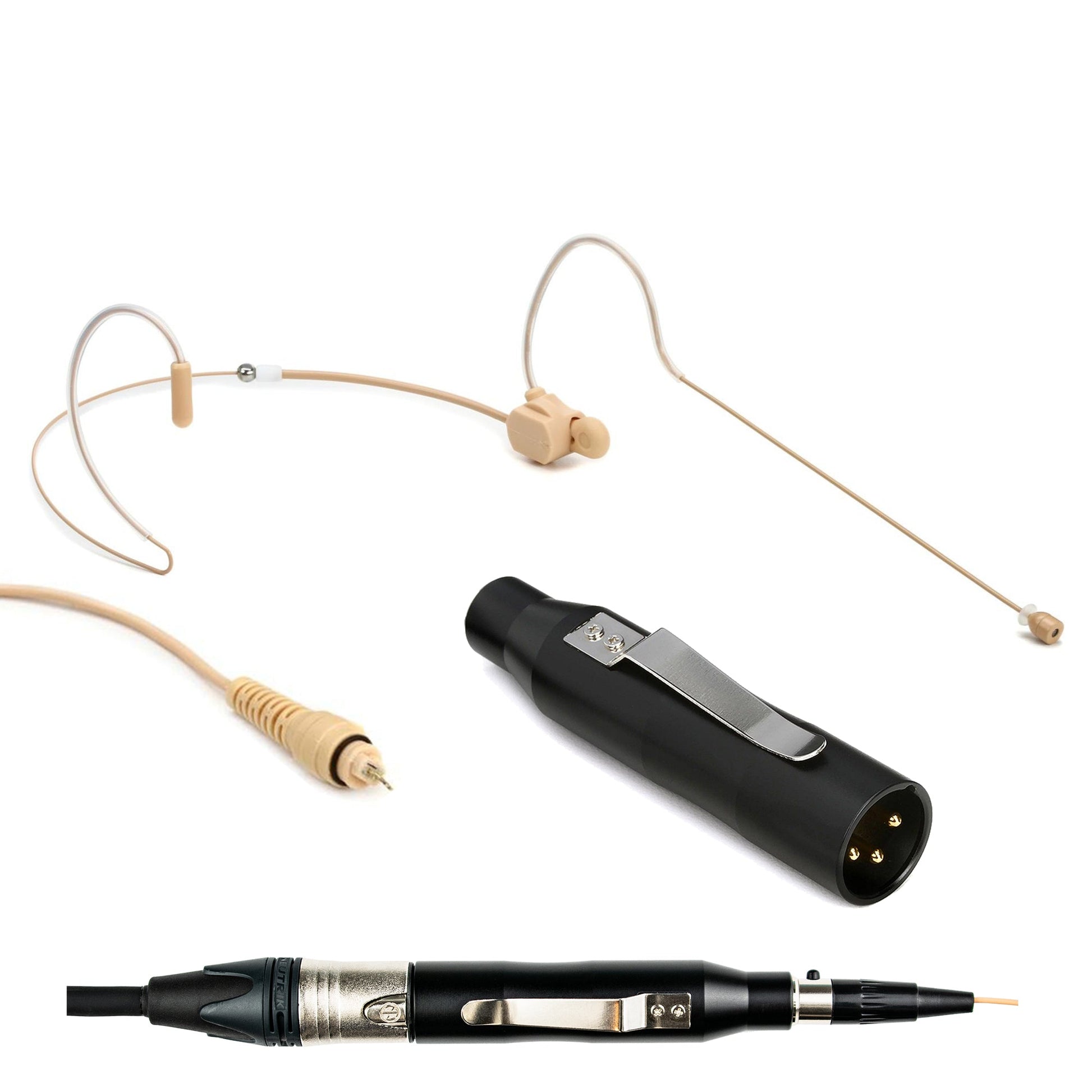 Tan dual ear headset microphone suitable for professional audio use in churches, worship, school, theater, vocal recording, presentations, and concerts.