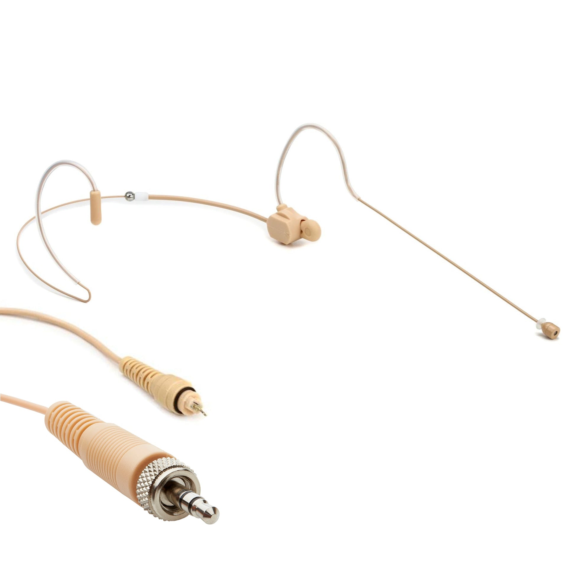 Tan dual ear headset microphone suitable for professional audio use in churches, worship, school, theater, vocal recording, presentations, and concerts.