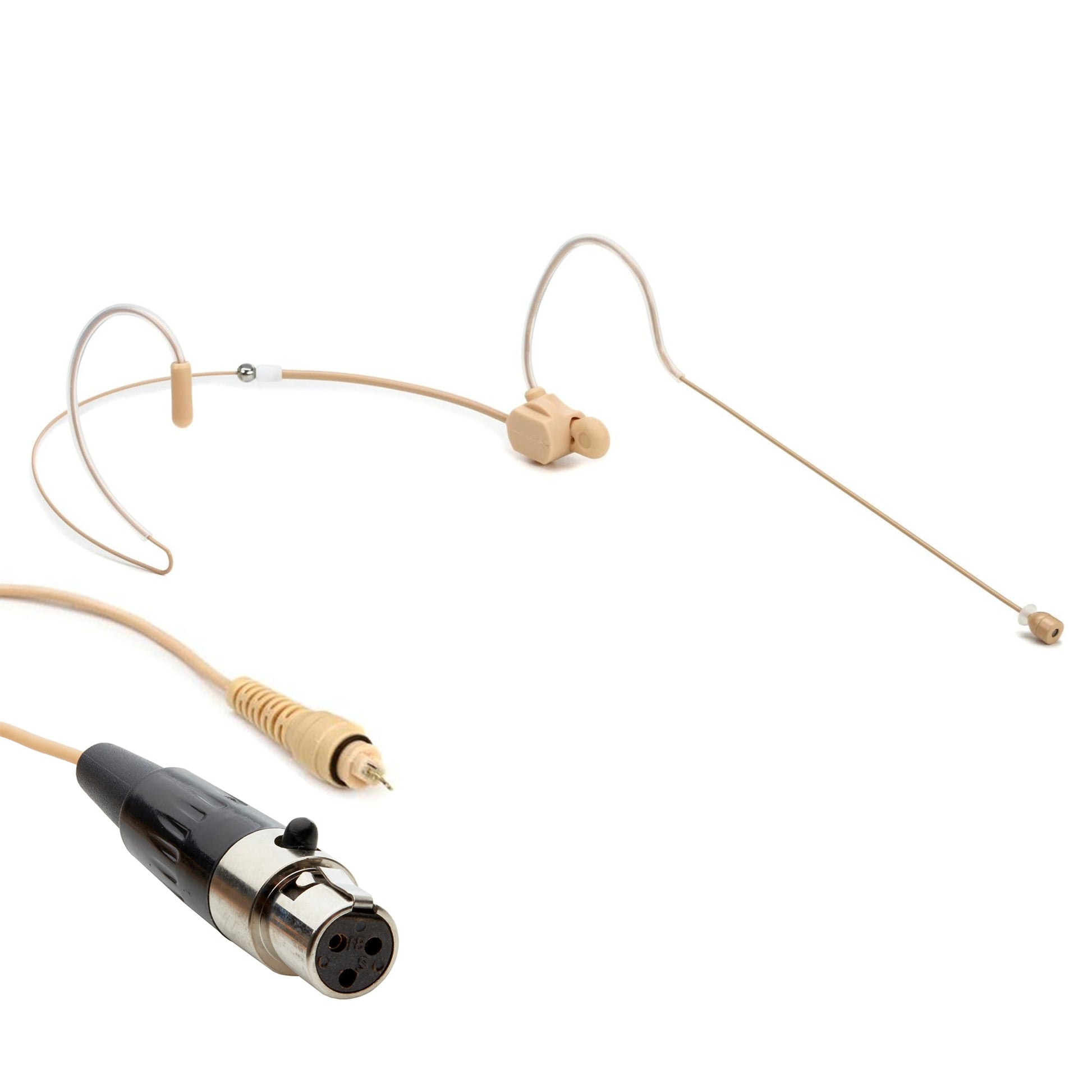 Tan dual ear headset microphone suitable for professional audio use in churches, worship, school, theater, vocal recording, presentations, and concerts.