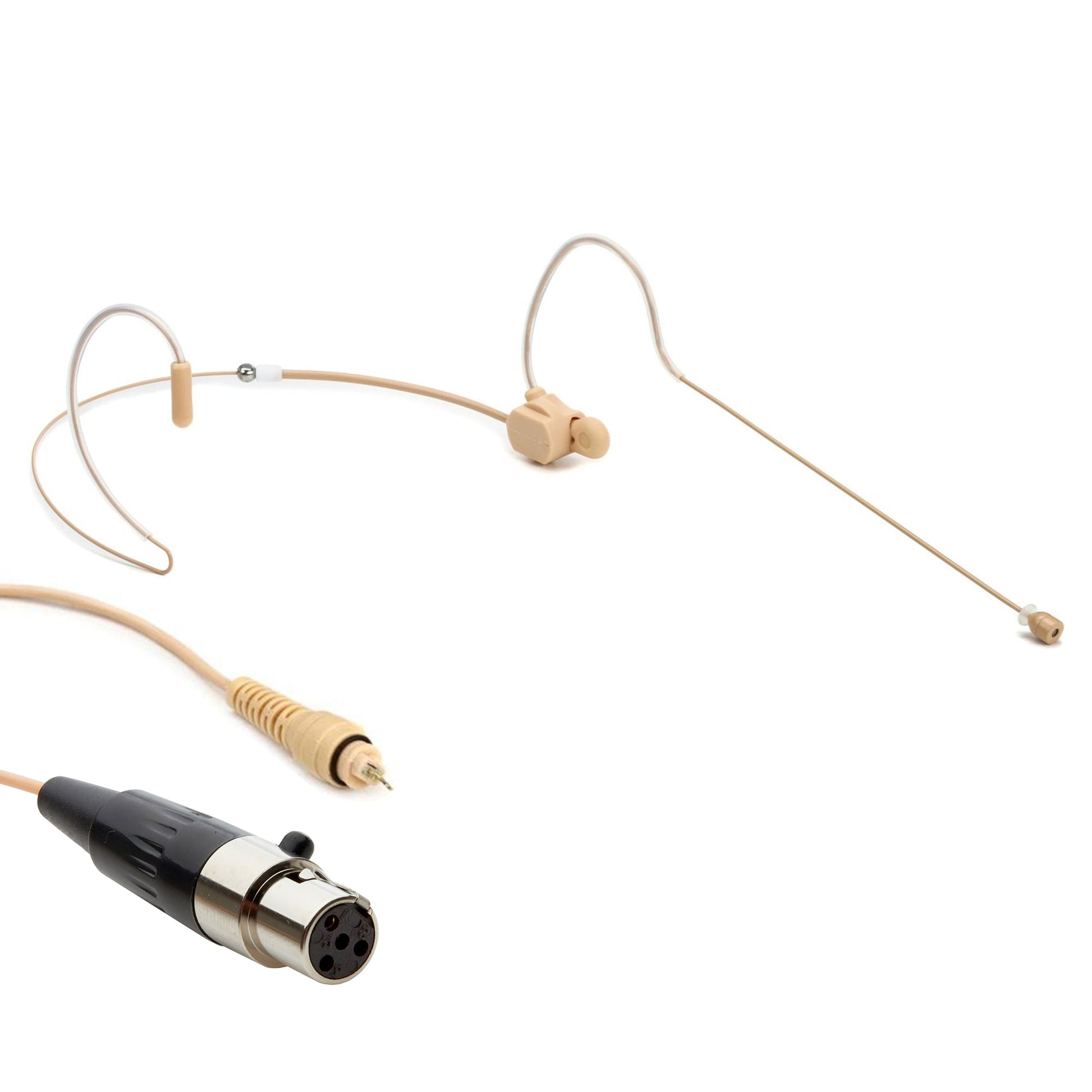 Tan dual ear headset microphone suitable for professional audio use in churches, worship, school, theater, vocal recording, presentations, and concerts.