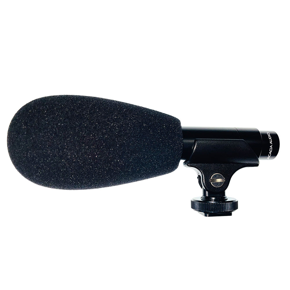 Acacia Audio small Shotgun Microphone with a long, directional design, ideal for film, broadcast, interviews, and field recording shown with windscreen