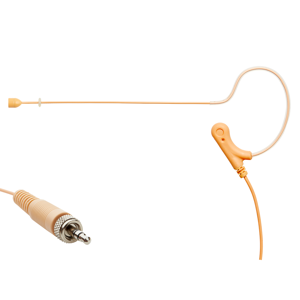 Tan single ear headset microphone suitable for professional audio use in churches, worship, school, theater, vocal recording, presentations, and concerts.
