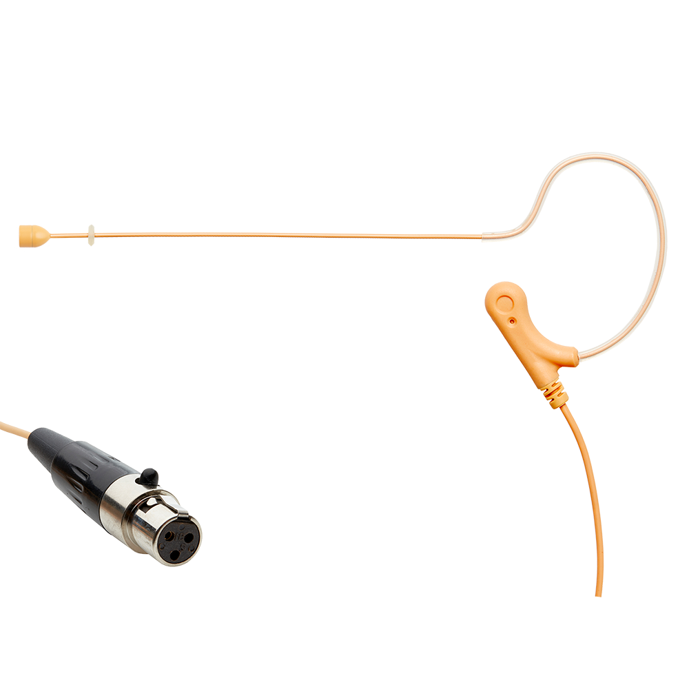Tan single ear headset microphone suitable for professional audio use in churches, worship, school, theater, vocal recording, presentations, and concerts.