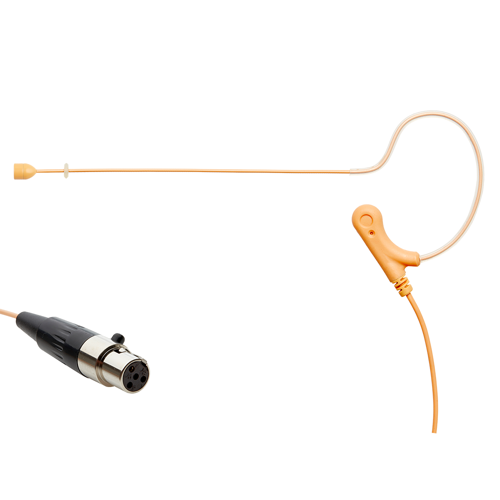 Tan single ear headset microphone suitable for professional audio use in churches, worship, school, theater, vocal recording, presentations, and concerts.