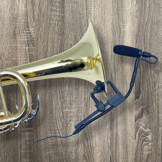 Trumpet instrument microphone from Acacia Audio with specialized mount and flexible gooseneck, designed for precise stereo recording on acoustic instruments.